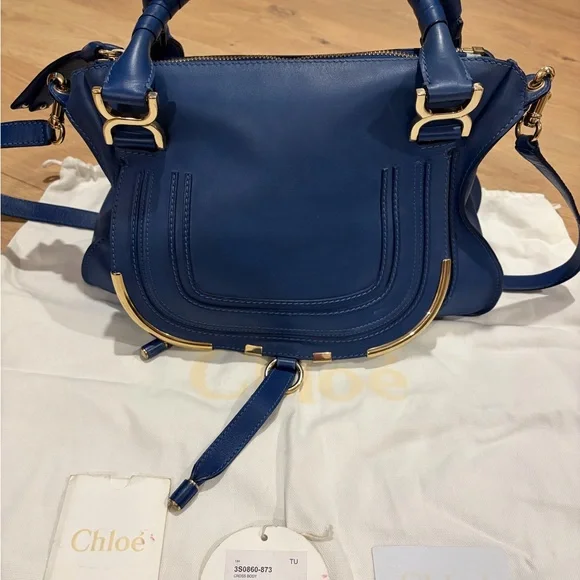 Chloe Marcie Satchel Navy Shoulder Bag with Gold Details